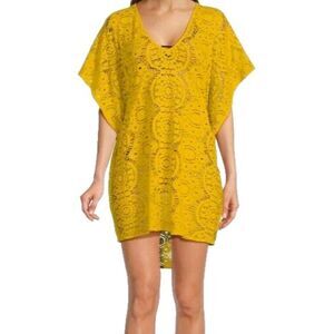 Sunshine 79 Womens Crochet Oversize Yellow Top V-Neck Bikini Cover Up Summer S/M